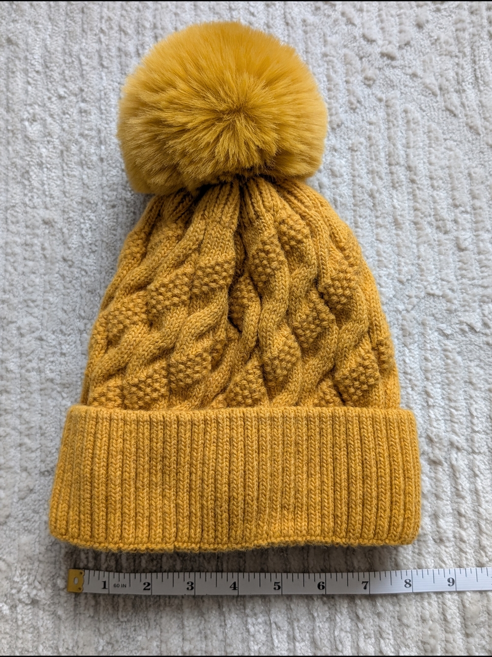 Mustard Yellow Cable Knit Pom Beanie